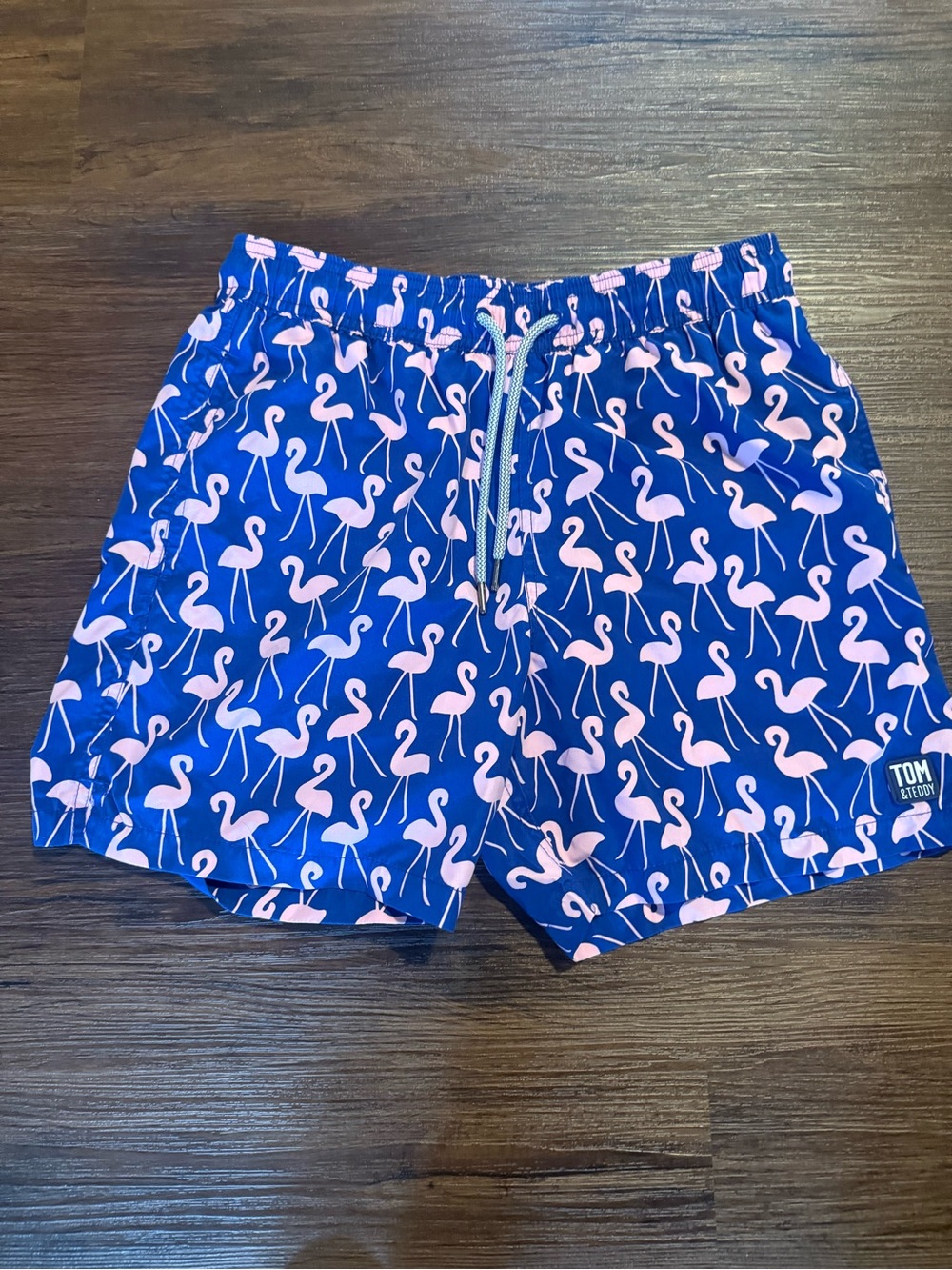 Tom & Teddy Navy Blue Swim Trunks with Pink Flamingo Print